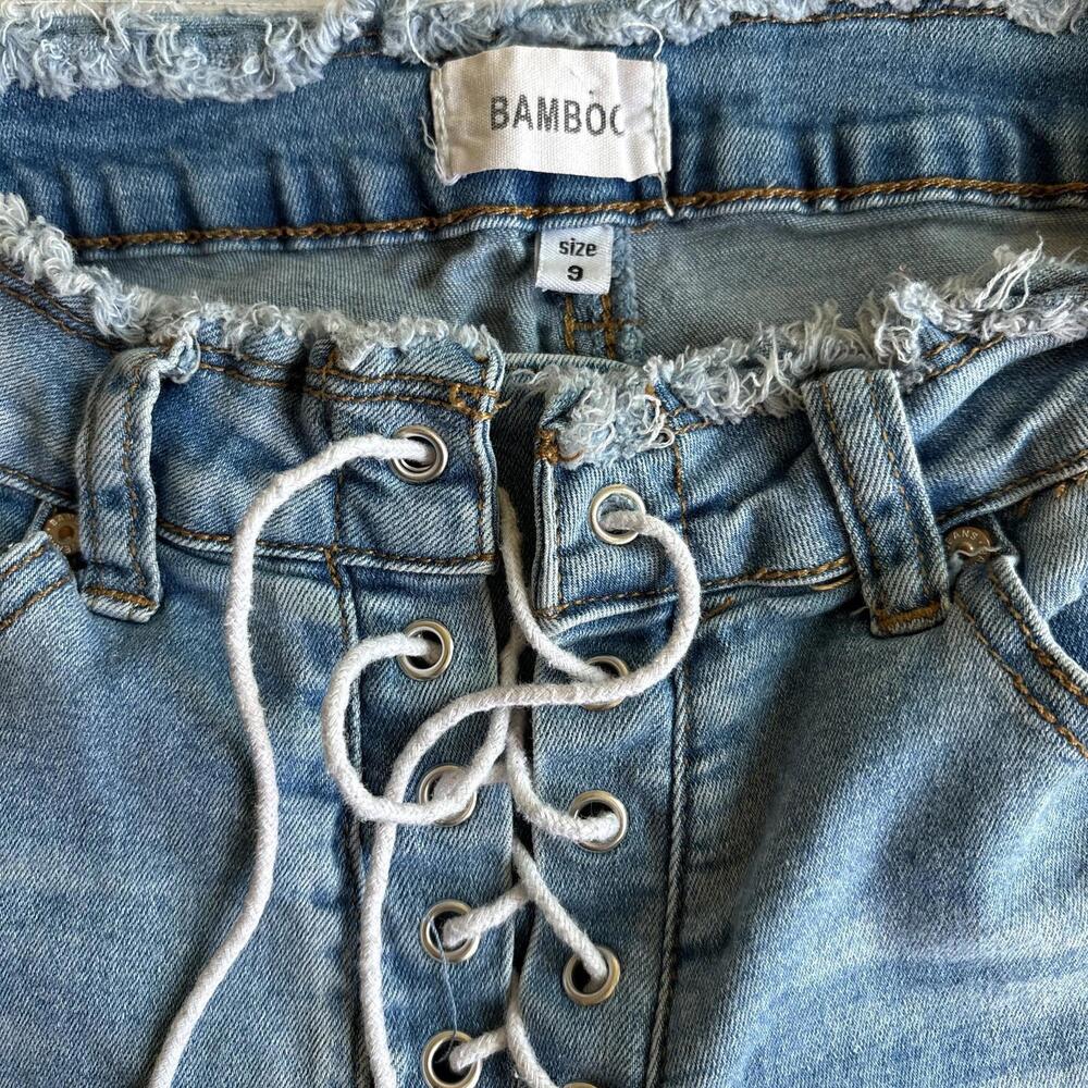 Bamboo Womens Size 9 Lace Up Flare Jeans Frayed Hem Y2K Vintage Denim Streetwear - Picture 4 of 8